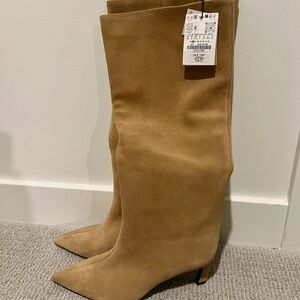 Zara Tan Suede Knee-High Boots